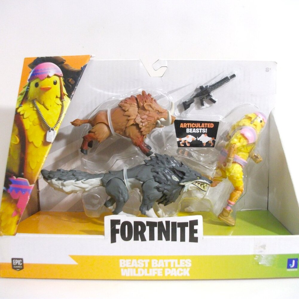 FORNITE BEAST BATTLES WILDLIFE 3 Figure Pack CLUCK VS BOAR WOLF 4"